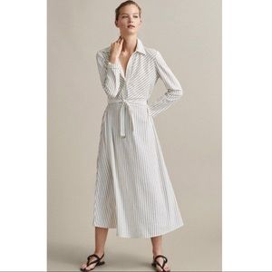 Massimo Dutti White & Black Striped Maxi Fit & Flare Dress with Belt